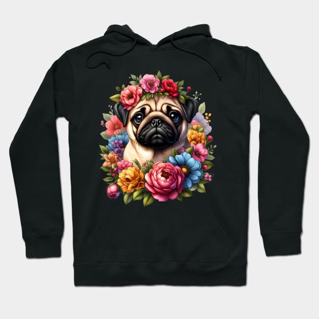 A pug decorated with beautiful colorful flowers. Hoodie by CreativeSparkzz